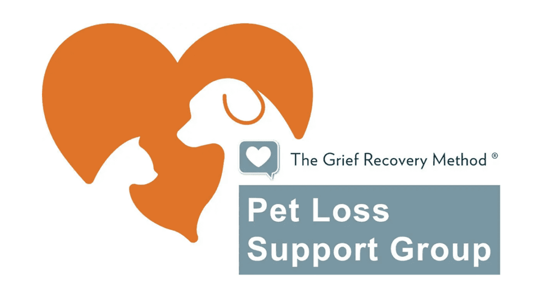 Logo for Pet Loss Support Group with silhouette of dog and cat in heart shape.