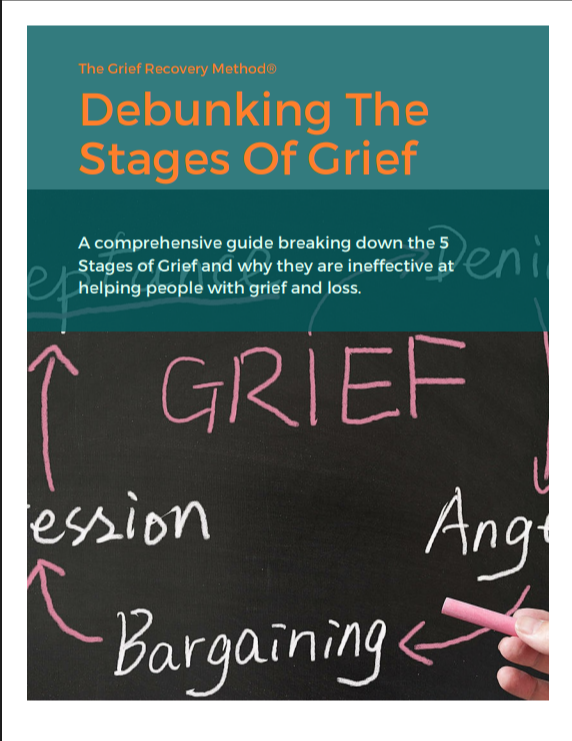 An infographic debunking the stages of grief with a chalkboard background.