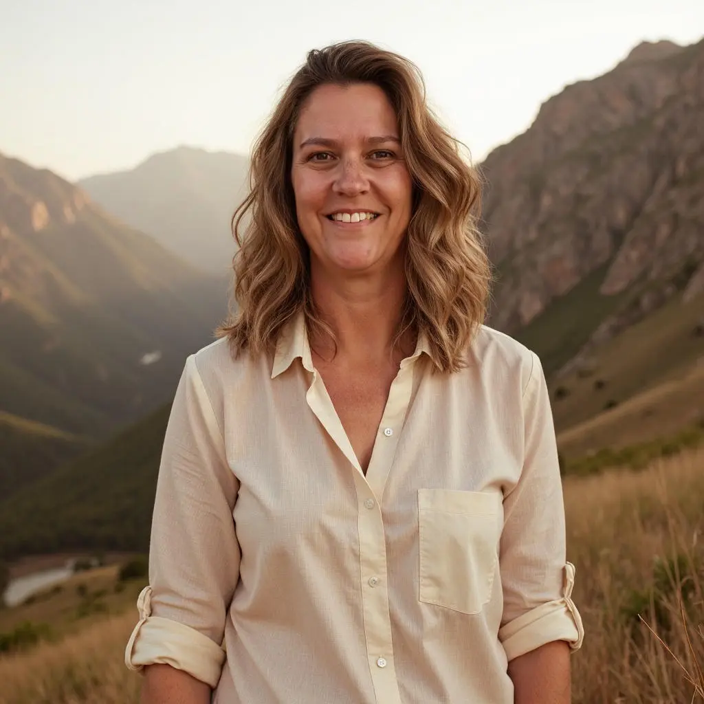 Smiling woman in a light shirt outdoors with mountains in the background.