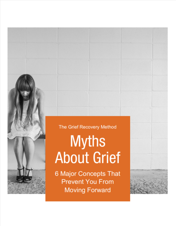 Book cover titled 'Myths About Grief' focusing on healing and moving forward.