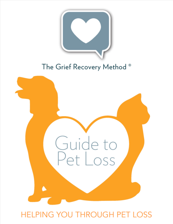 Cover of a guidebook on pet loss with cat and dog silhouettes and a heart.