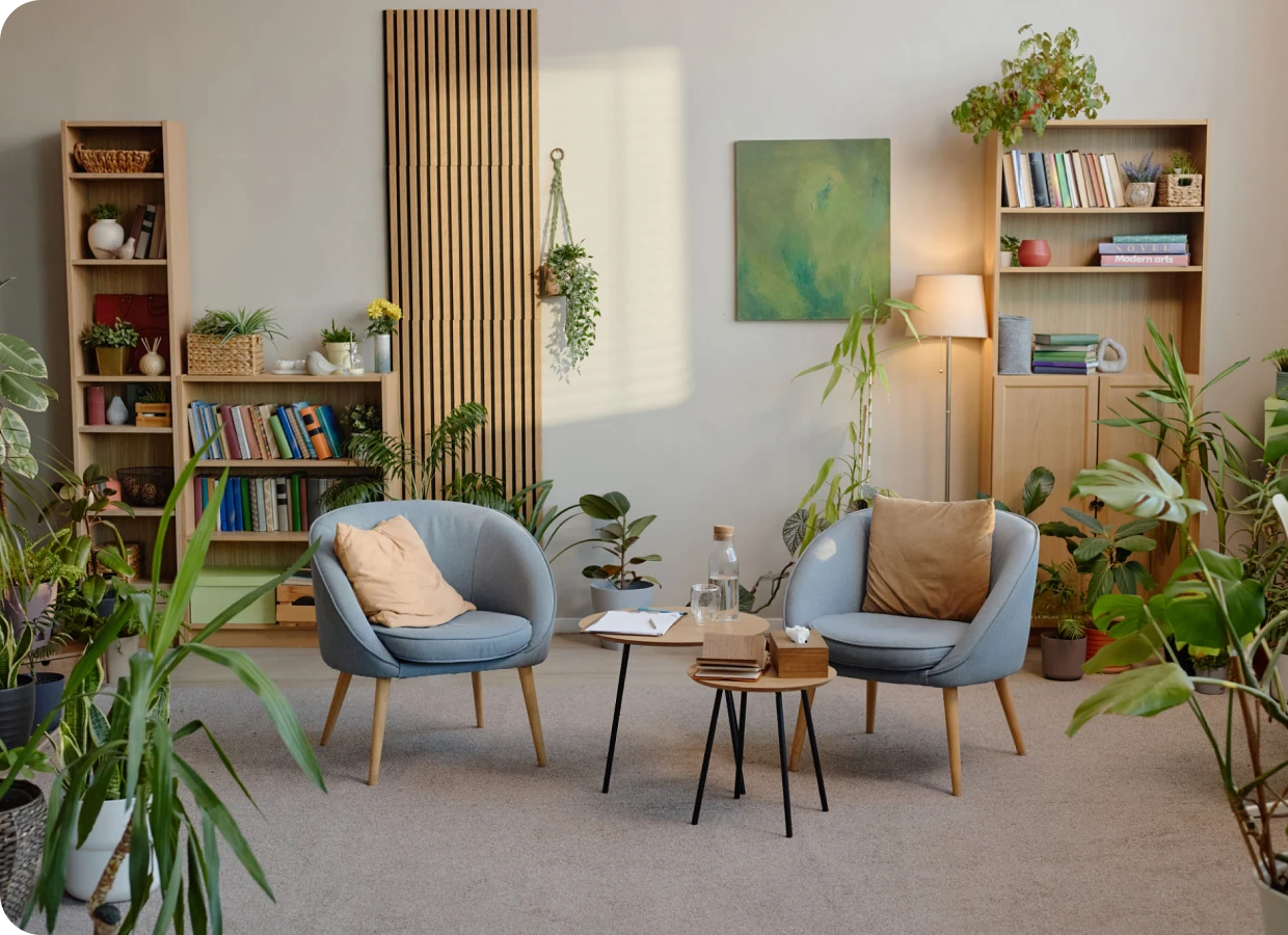Modern living space with bookshelves and decor